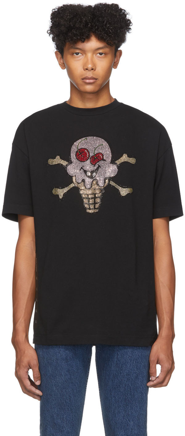 Palm Angels: Black ICECREAM Edition Rhinestones T-Shirt | SSENSE