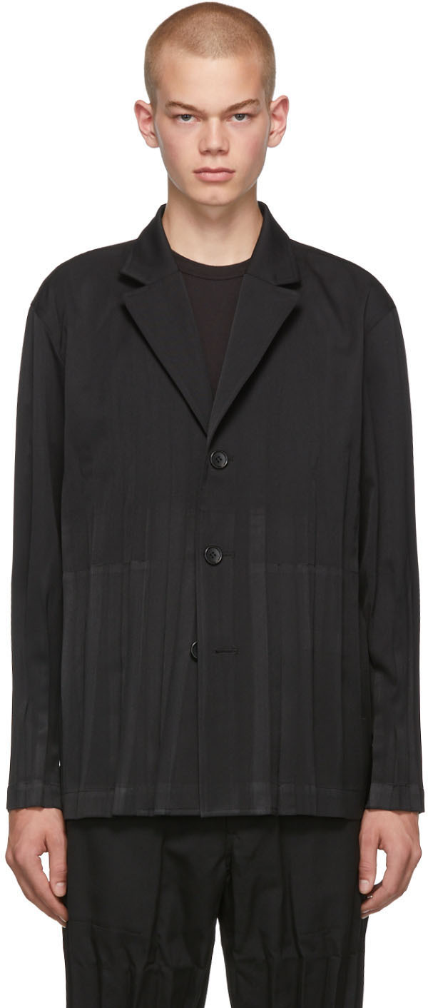 Issey Miyake Men: Black Wool Wrinkle 3-Button Blazer | SSENSE