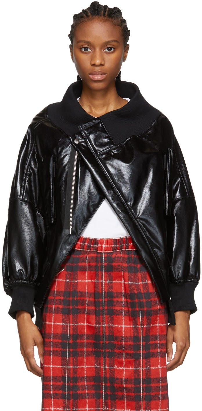 tao: Black Faux-Leather Upside Down Bomber | SSENSE