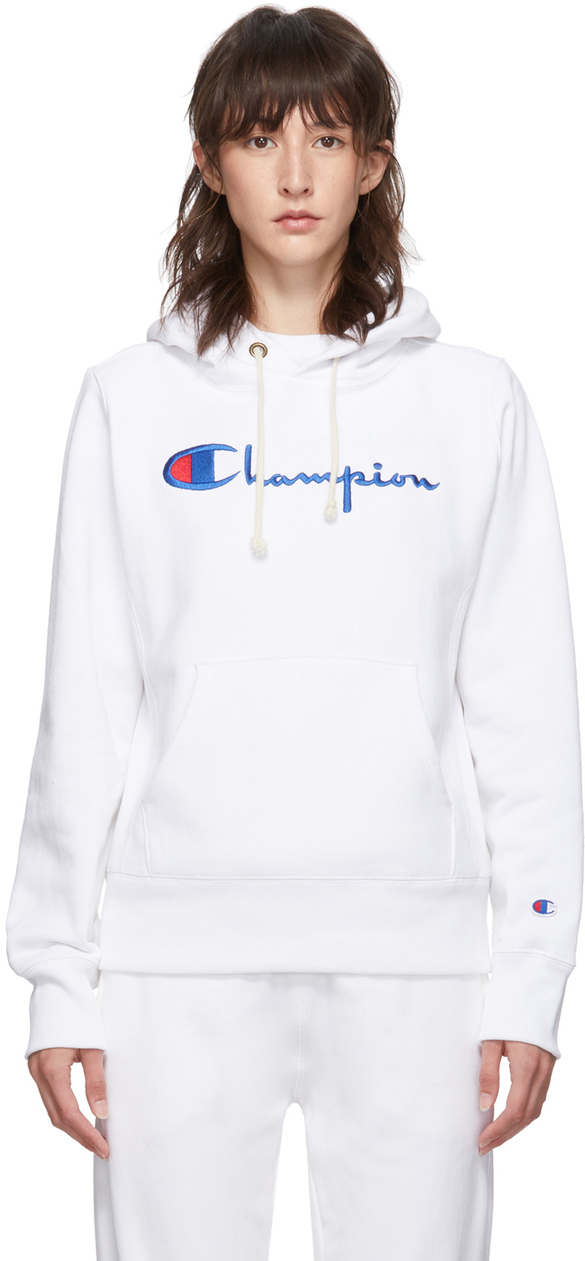 Champion Reverse Weave White Big Script Logo Hoodie Ssense