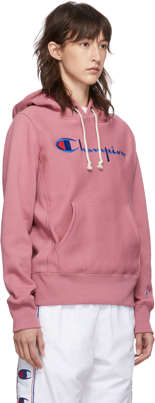 pink champion script hoodie