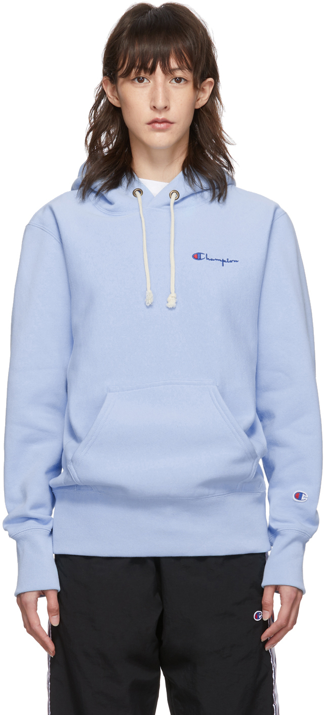 Champion Reverse Weave Blue Small Script Logo Hoodie Ssense
