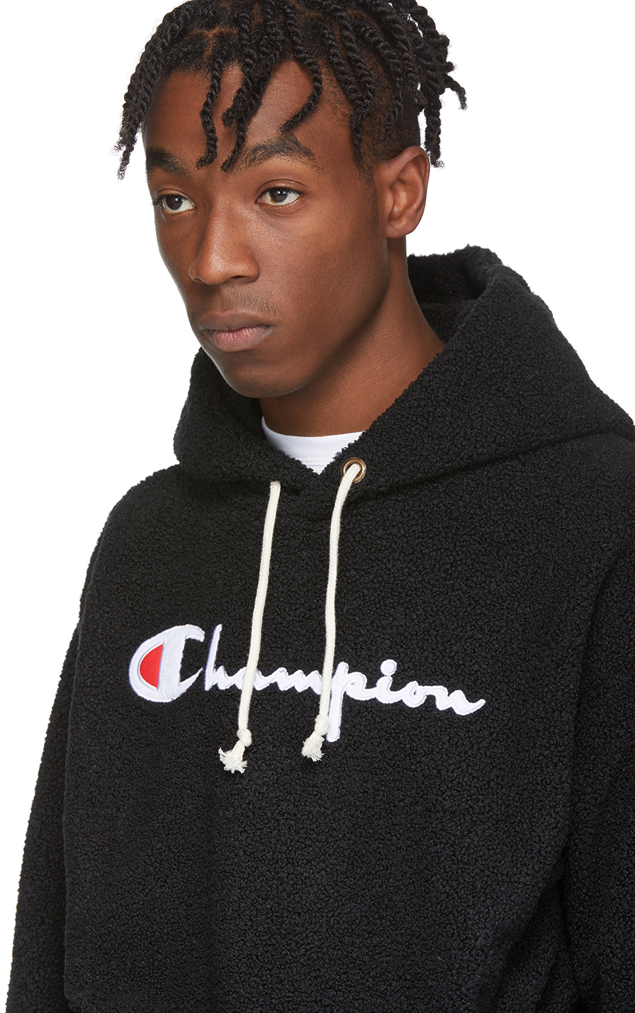 Champion Reverse Weave Black Sherpa Big Script Logo Hoodie
