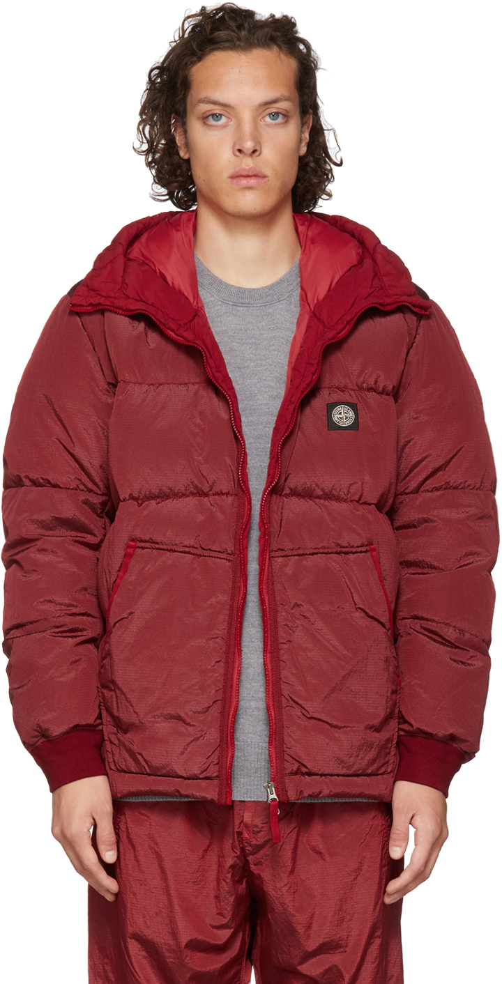 Stone Island: SSENSE Canada Exclusive Red Down Hooded Puffer Jacket ...