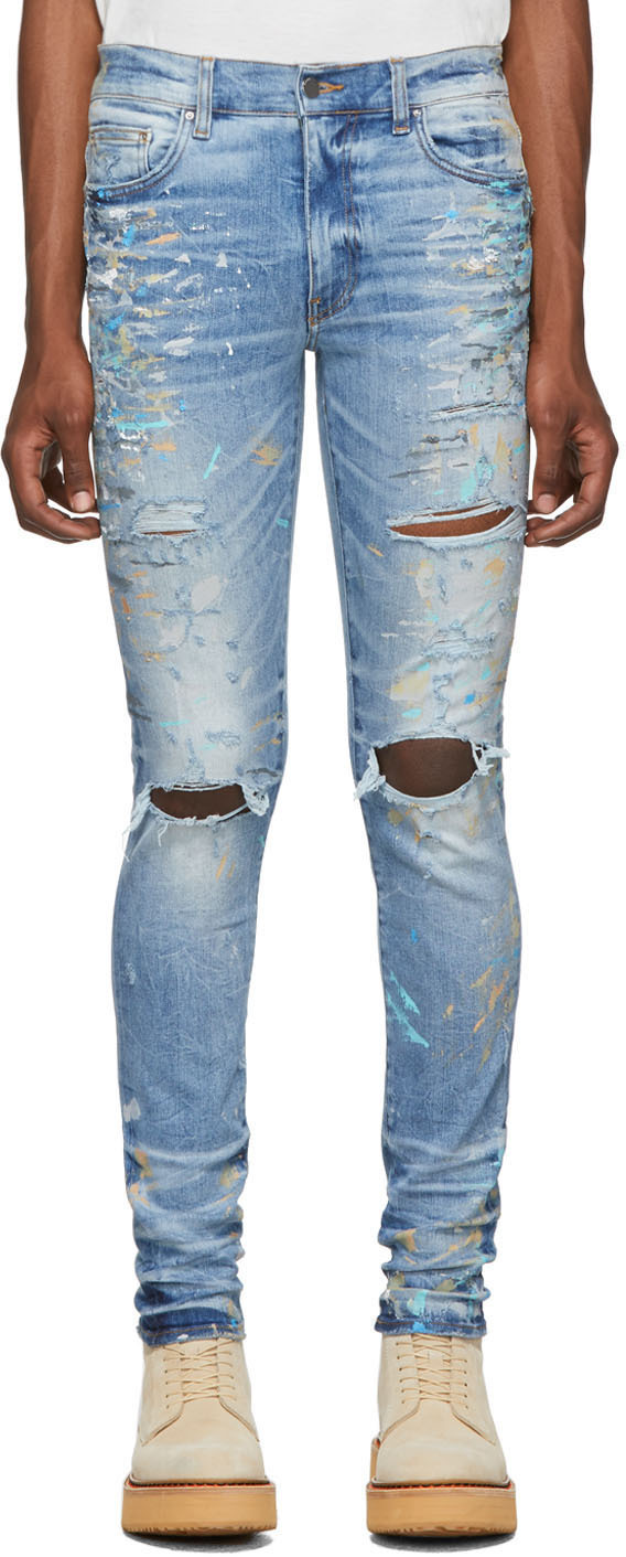 AMIRI Indigo Paint Splatter Jeans SSENSE