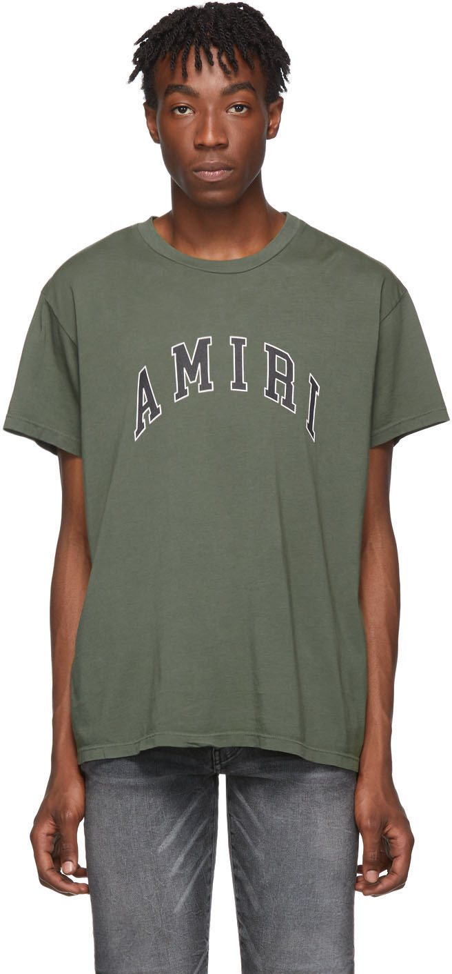 AMIRI: Khaki College Logo T-Shirt | SSENSE