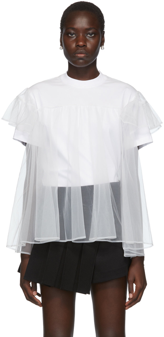 Shushu/Tong: SSENSE Exclusive White Tulle Overlay T-Shirt | SSENSE