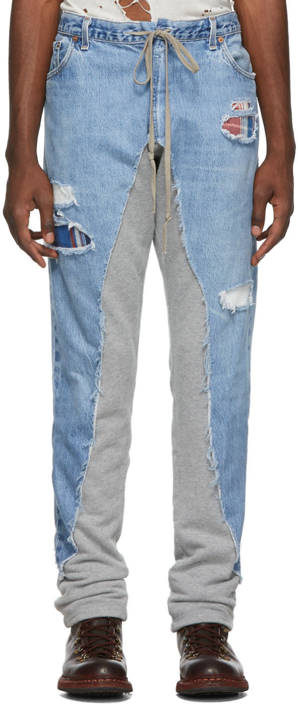 Greg Lauren: Blue & Grey 50/50 Denim/Terry Jeans | SSENSE