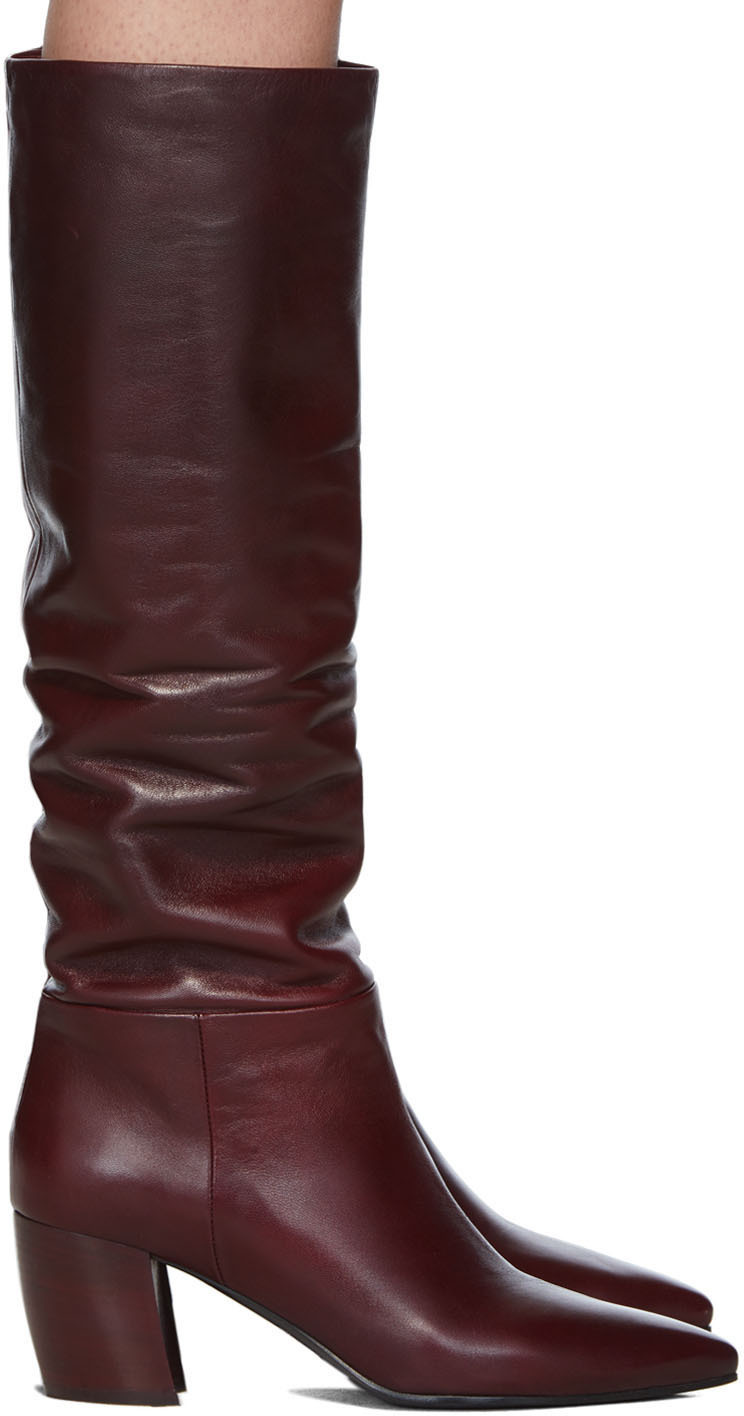Prada: Burgundy Leather Tall Boots | SSENSE
