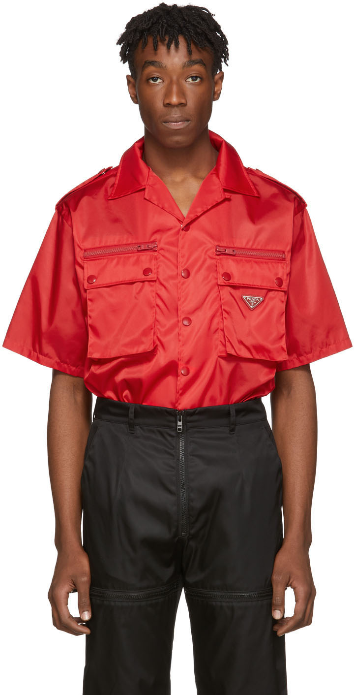Prada: Red Nylon Gabardine Pocket Shirt 