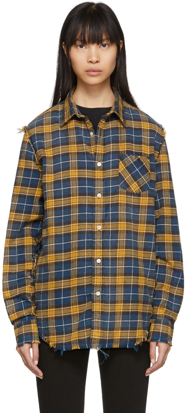R13: Blue & Yellow Plaid Shredded Seam Shirt | SSENSE