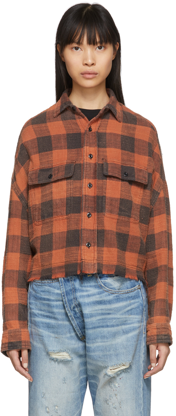 R13: Red Plaid Cropped Word Shirt | SSENSE