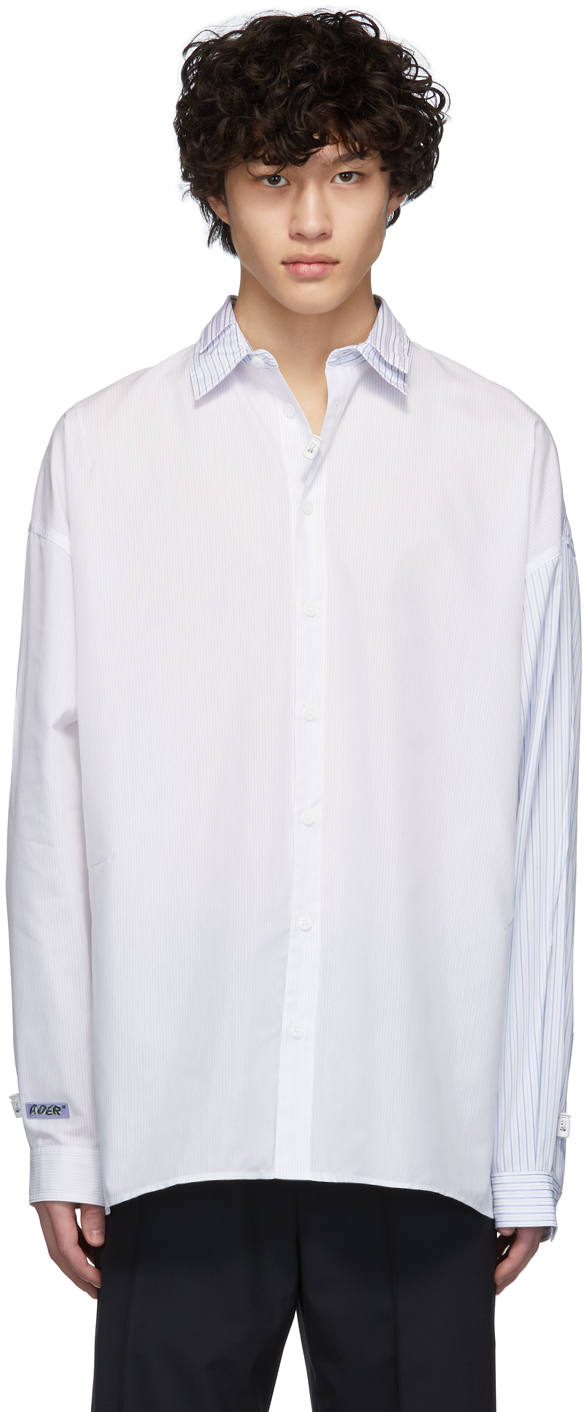 ADER error: White & Blue Unbalanced Double Collar Shirt | SSENSE