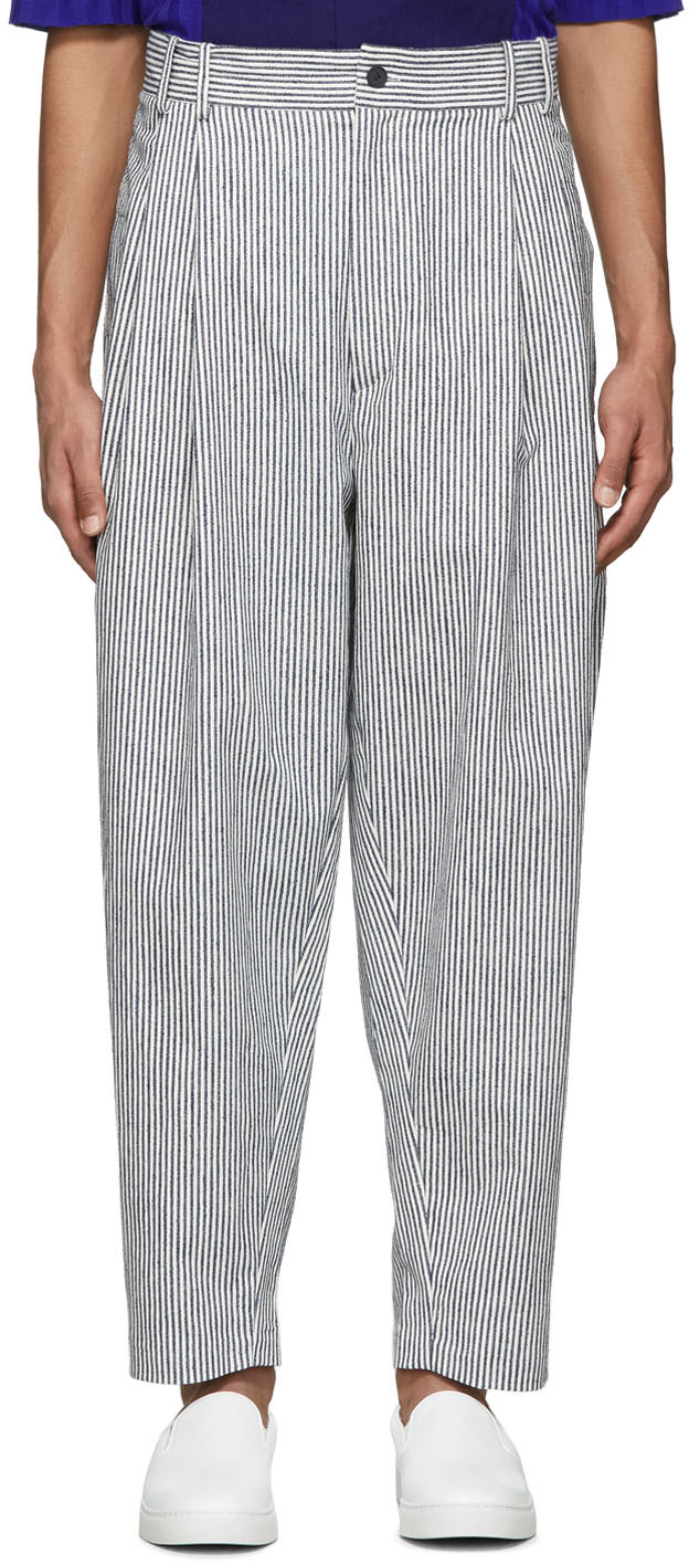 grey and white striped linen pants