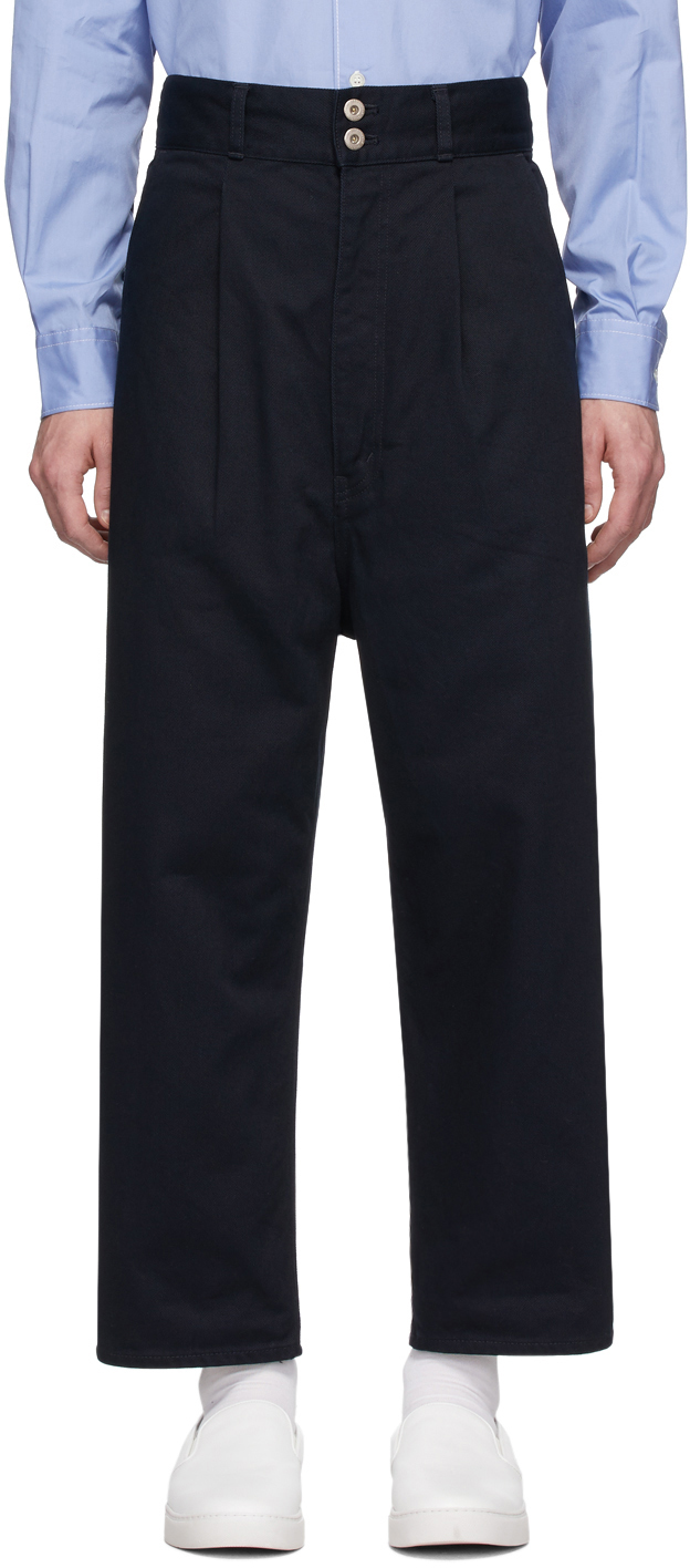 Comme des Garçons Homme: Navy Cotton Drill Garment-Dyed Trousers | SSENSE