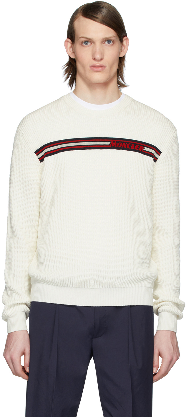 Moncler: White Knit Crewneck Sweater 