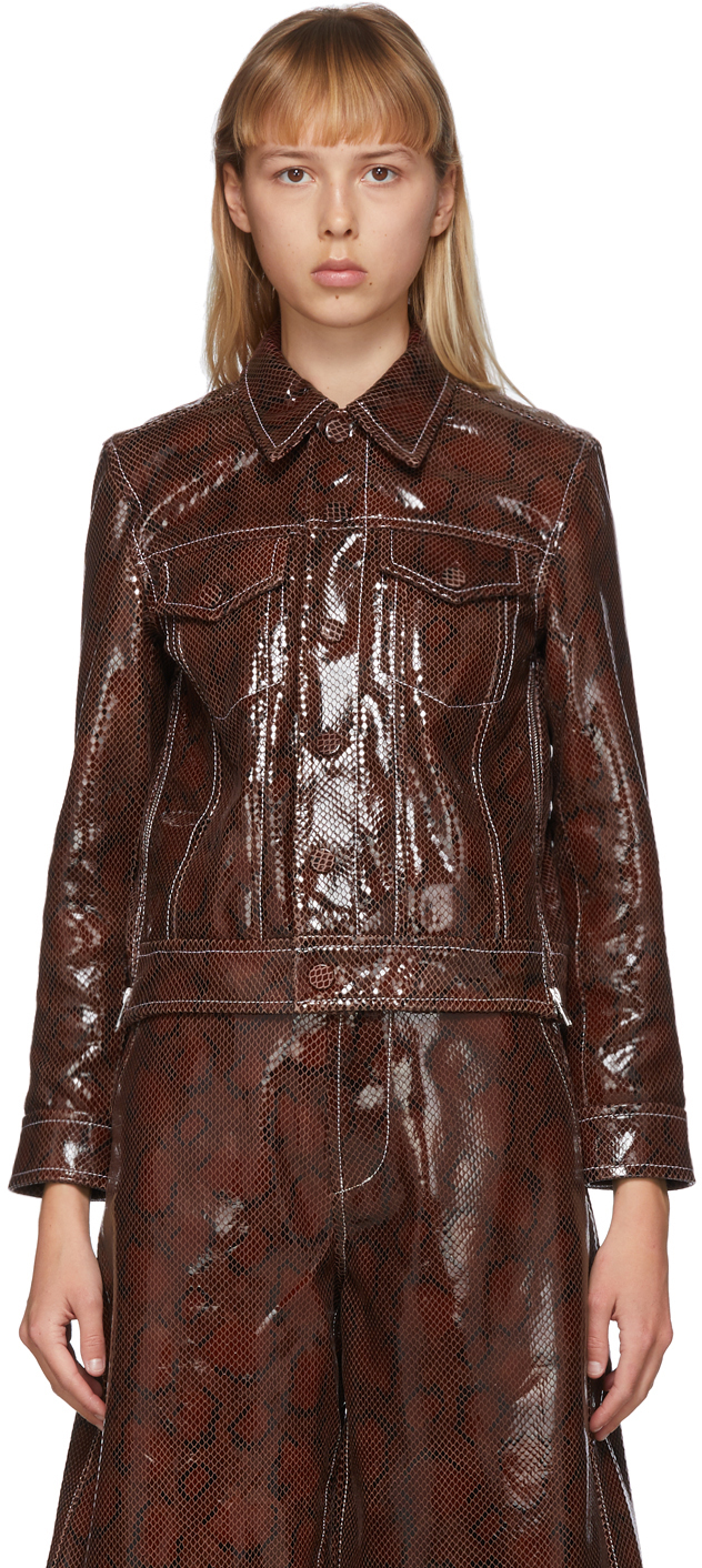GANNI: Brown Leather Snake Foil Jacket | SSENSE