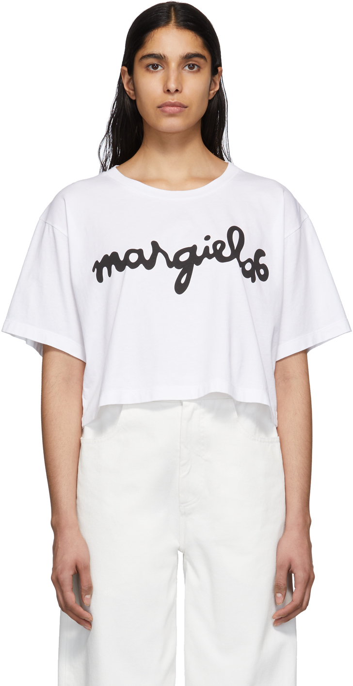 MM6 Maison Margiela: White Logo Cropped T-Shirt | SSENSE