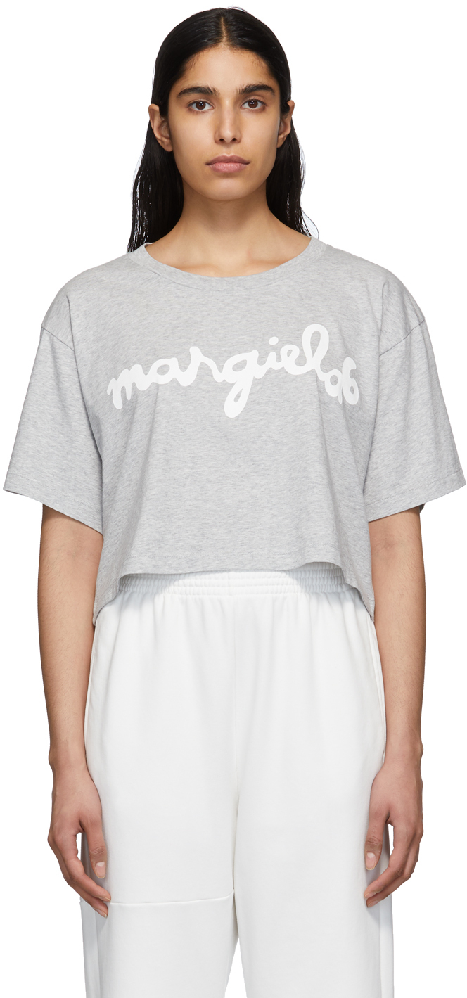 MM6 Maison Margiela: Grey Logo Cropped T-Shirt | SSENSE