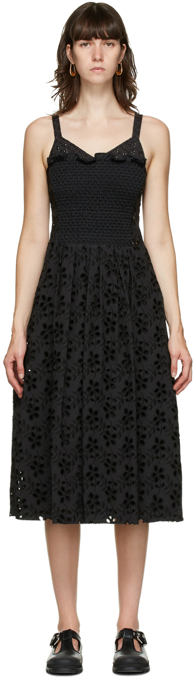 Marina Moscone: Black Smocked Mid-Length Dress | SSENSE