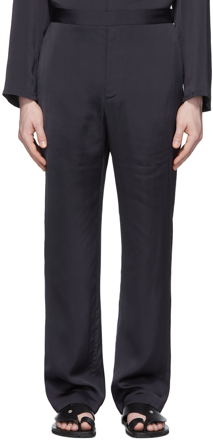 DEVEAUX NEW YORK: Navy Satin Lounge pants | SSENSE