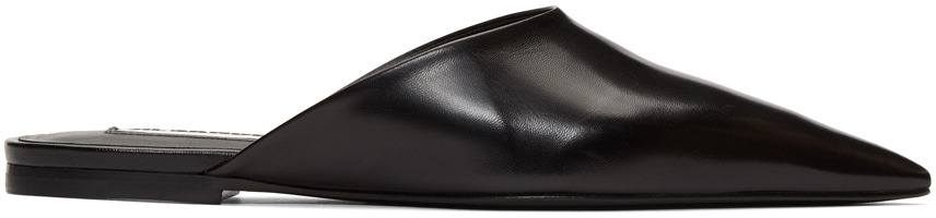 black leather pointed toe mules