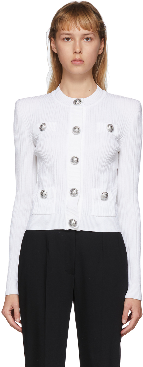 Balmain: White Knit Button Cardigan | SSENSE