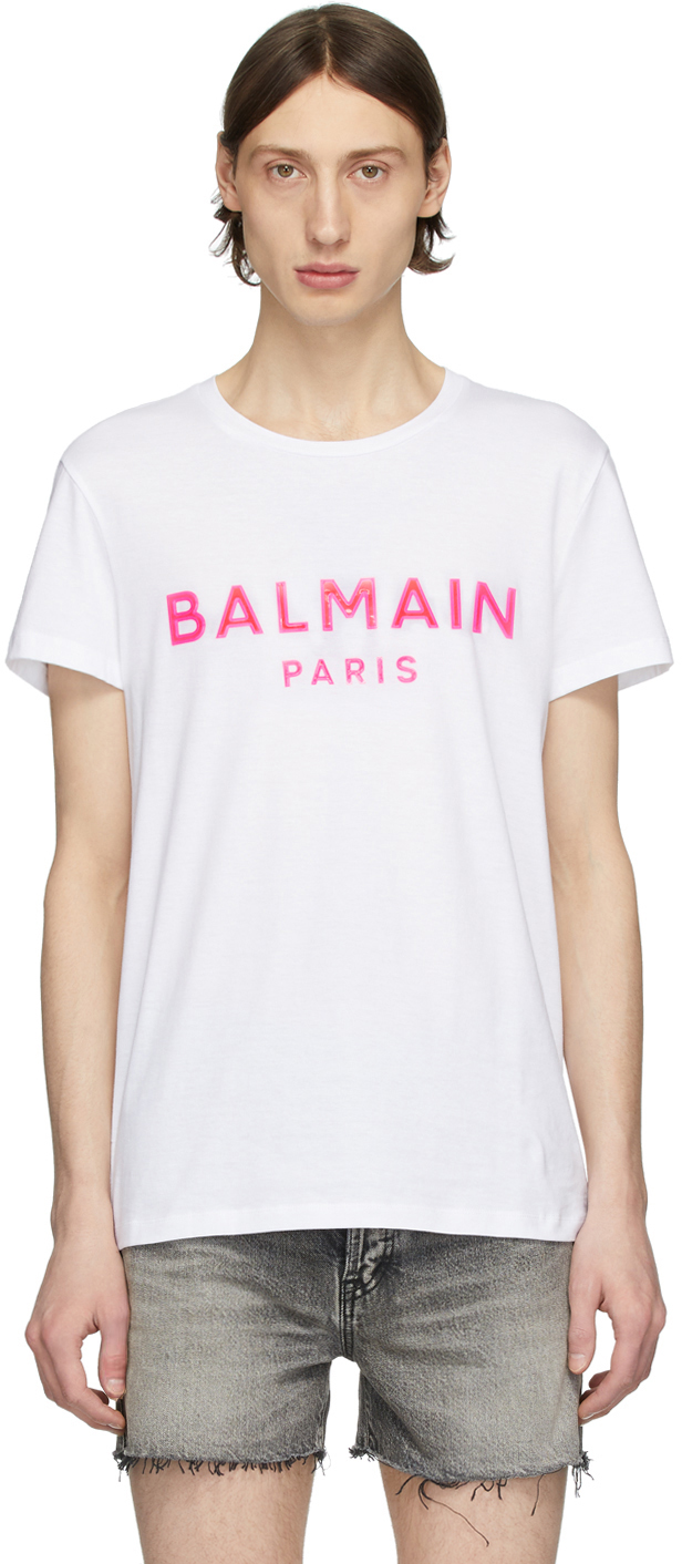 Balmain: White & Pink Silicone Logo T-Shirt | SSENSE