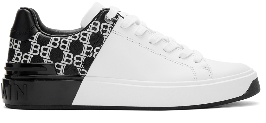 Balmain: White & Black Logo B-Court Sneakers | SSENSE