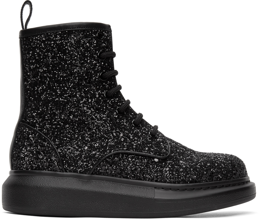 Alexander McQueen Black Glitter Combat Boot SSENSE Canada