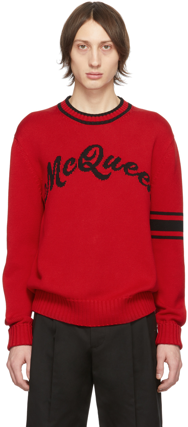 Alexander McQueen: Red & Black Logo Varsity Sweater | SSENSE