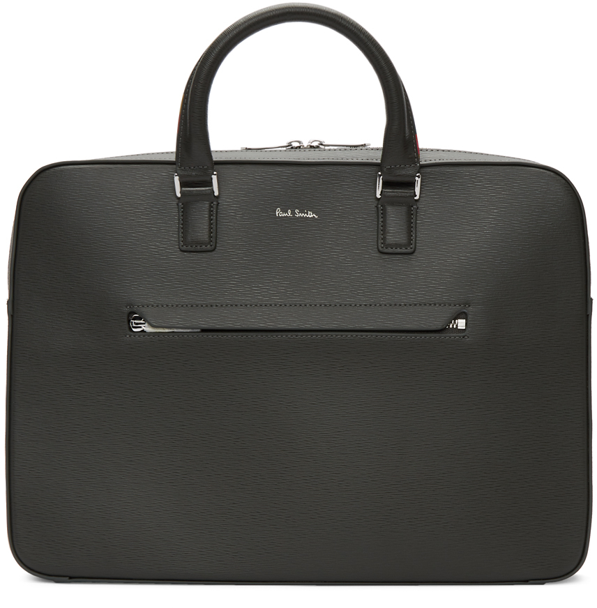 Paul Smith: Grey Leather Slim Folio Briefcase | SSENSE