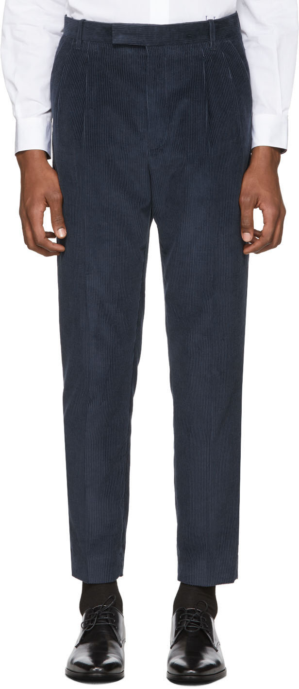 Paul Smith: Blue Corduroy Triple Pleat Trousers | SSENSE