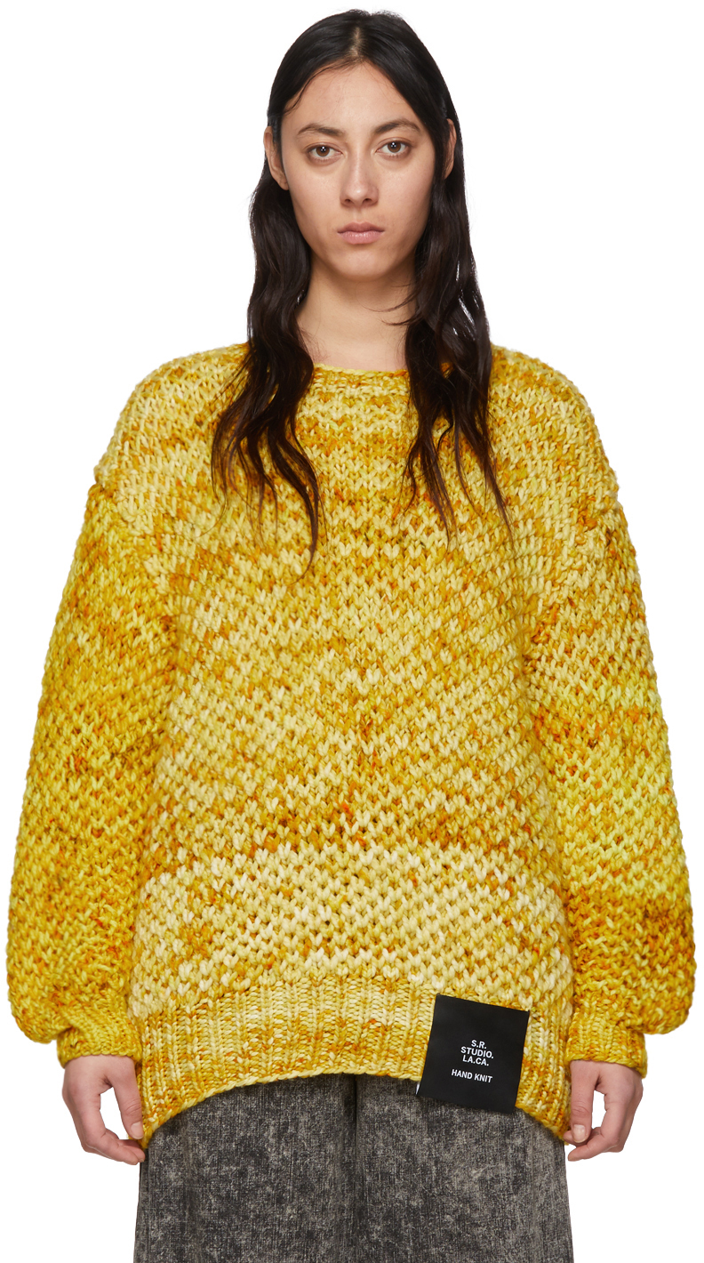 SR STUDIO LA CA Yellow Hand Knit Honeycomb Sweater 201273F096039