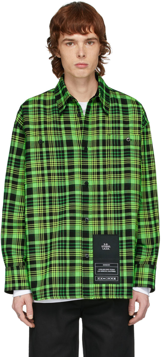 S.R. STUDIO. LA. CA.: Green Open-Weave Check Oversized Shirt | SSENSE