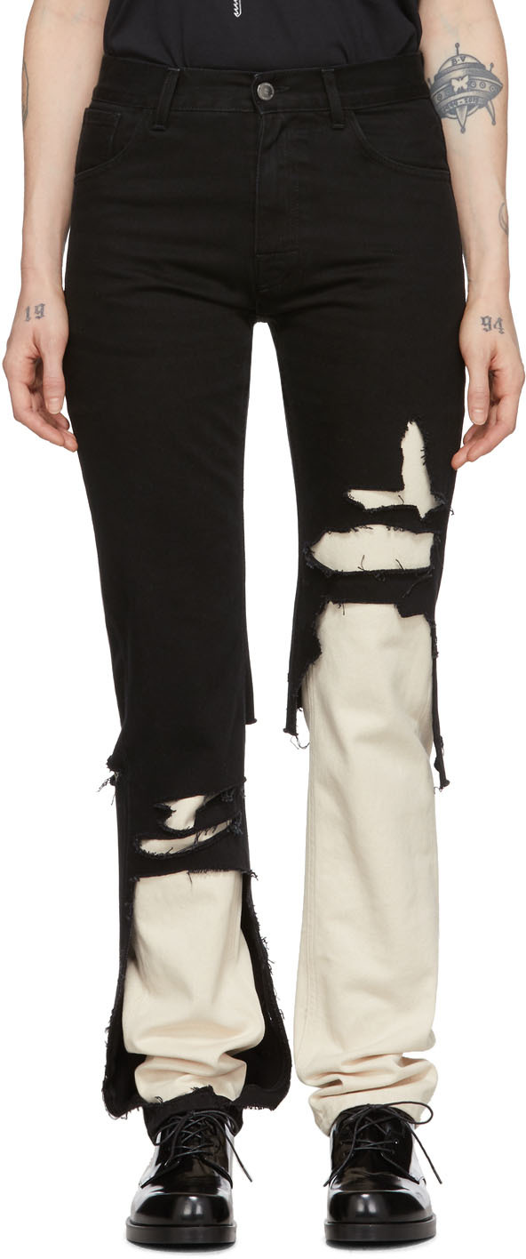 Raf Simons: Black & Ecru Double Destroyed Jeans | SSENSE