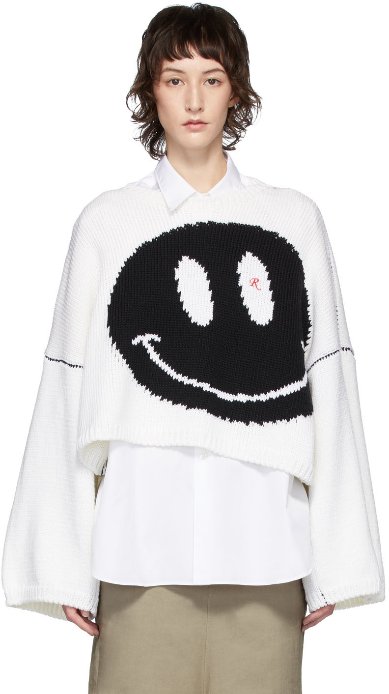 Raf Simons: White Oversized Wool Smiley Crewneck Sweater | SSENSE