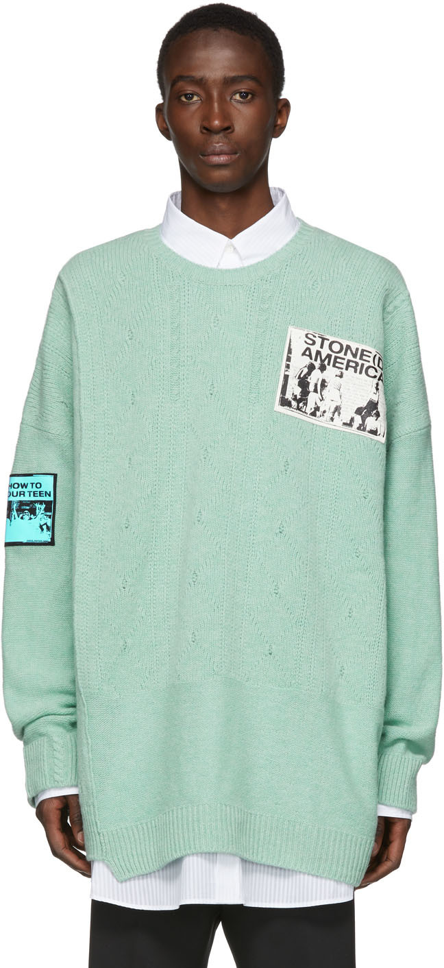 Raf Simons: Blue Oversized Patch Sweater | SSENSE