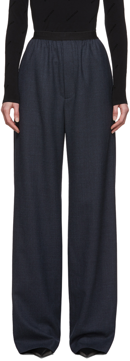 Balenciaga: Navy Wool Prince Of Wales Trousers | SSENSE