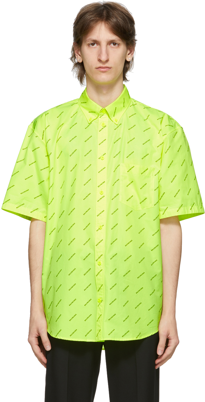 Balenciaga: Yellow All Over Logo Short Sleeve Shirt | SSENSE Canada