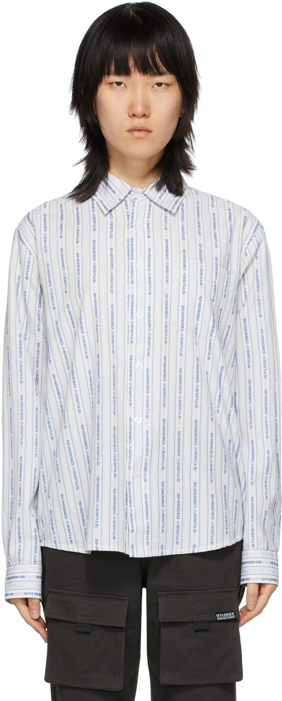 White Men's Jacquard Logo Stripe Shirt