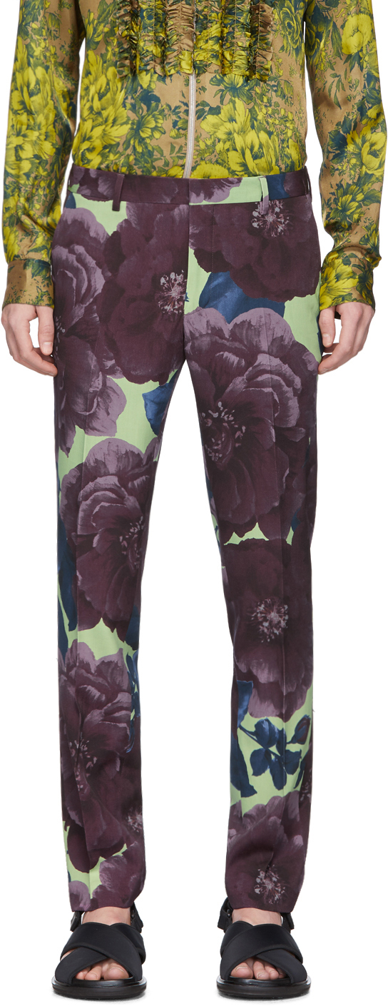 Dries Van Noten: Purple & Green Wool Floral Trousers | SSENSE