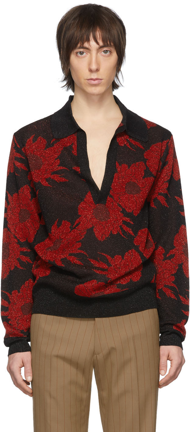 Dries Van Noten: Black & Red Floral Knit Polo | SSENSE