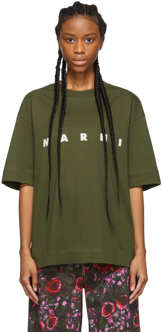 Marni: Green Logo T-Shirt | SSENSE