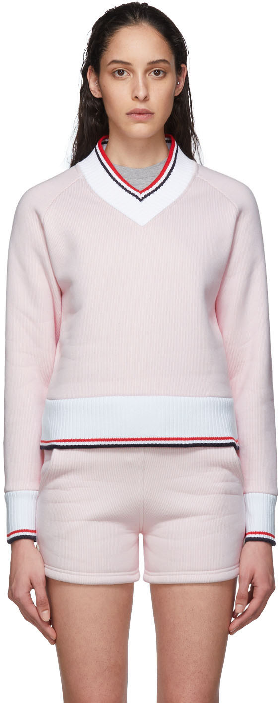 Thom Browne: Pink & White University V-Neck Sweater | SSENSE