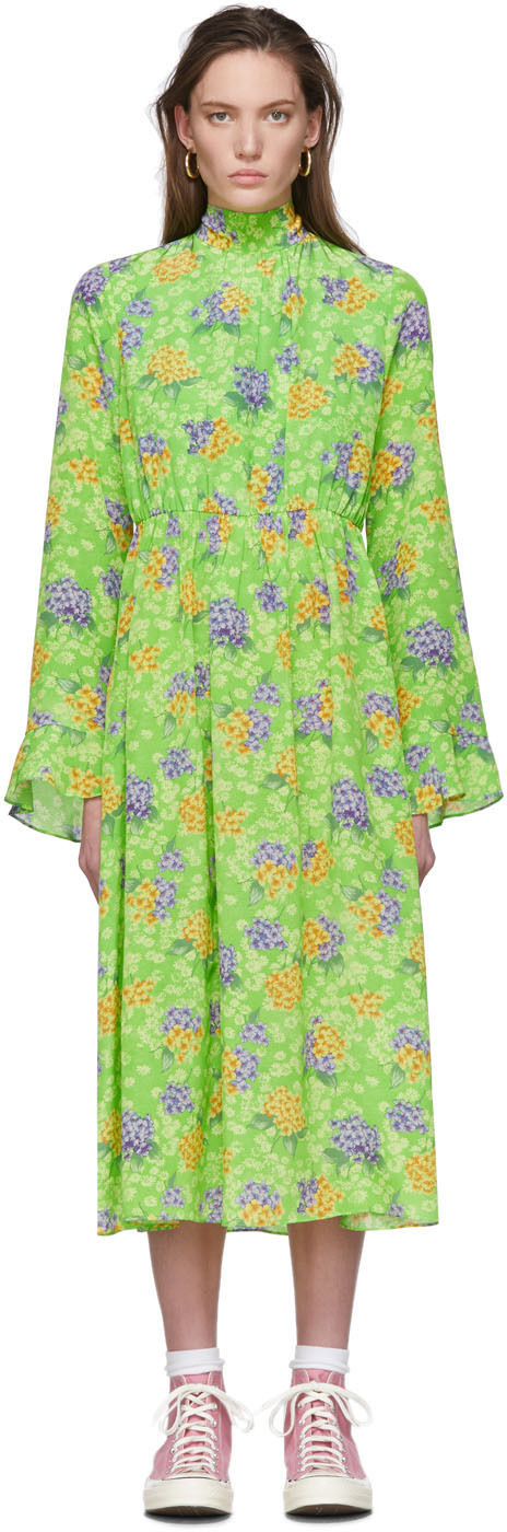 green floral silk dress
