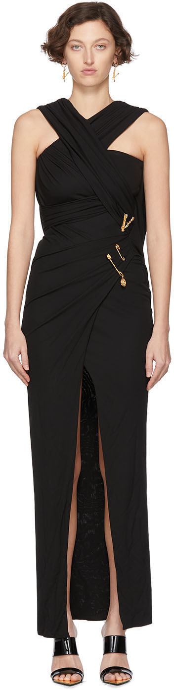 Versace: Black Medusa Draped Long Dress | SSENSE