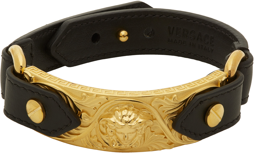 Versace Black & Gold Leather Medusa Bracelet SSENSE UK