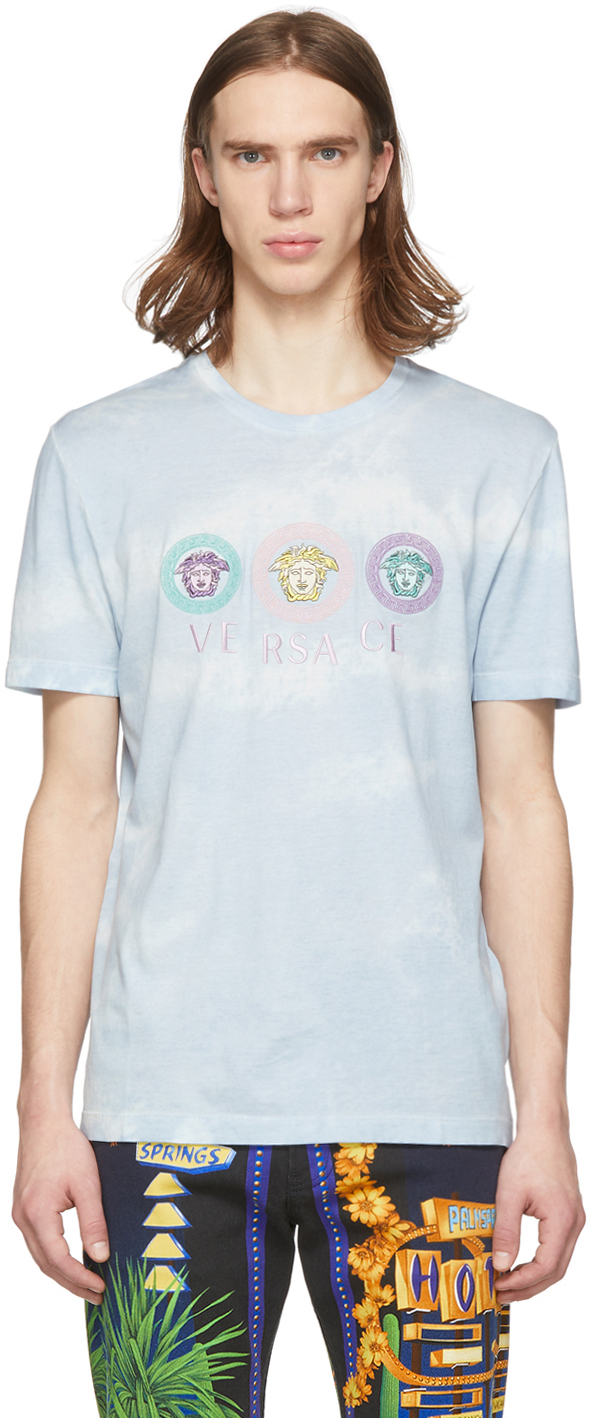 Versace: Blue Tie-Dye Medusa Logo T-Shirt | SSENSE