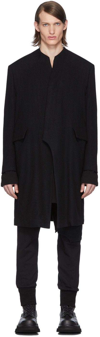 Julius: Black Collarless Tailored Coat | SSENSE